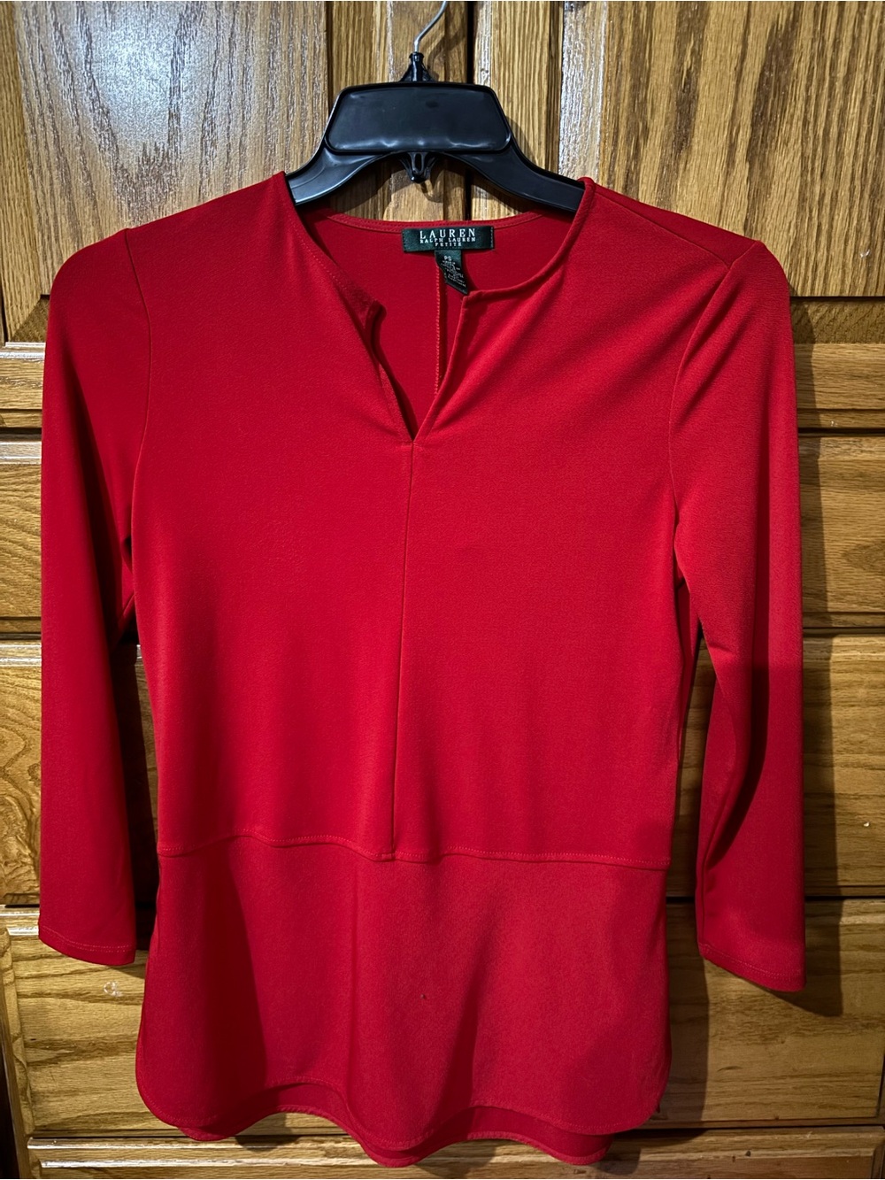 Lauren Ralph Lauren Red Peplum Hem V-Slit Long Sleeve Top
